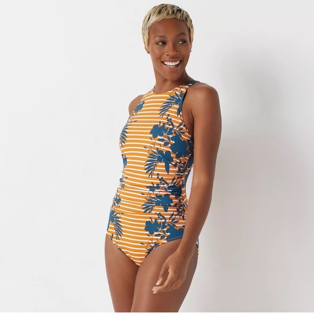 Denim & Co. Beach High-Neck One-Piece Swimsuit Floral Stripe Mustard Navy 28W